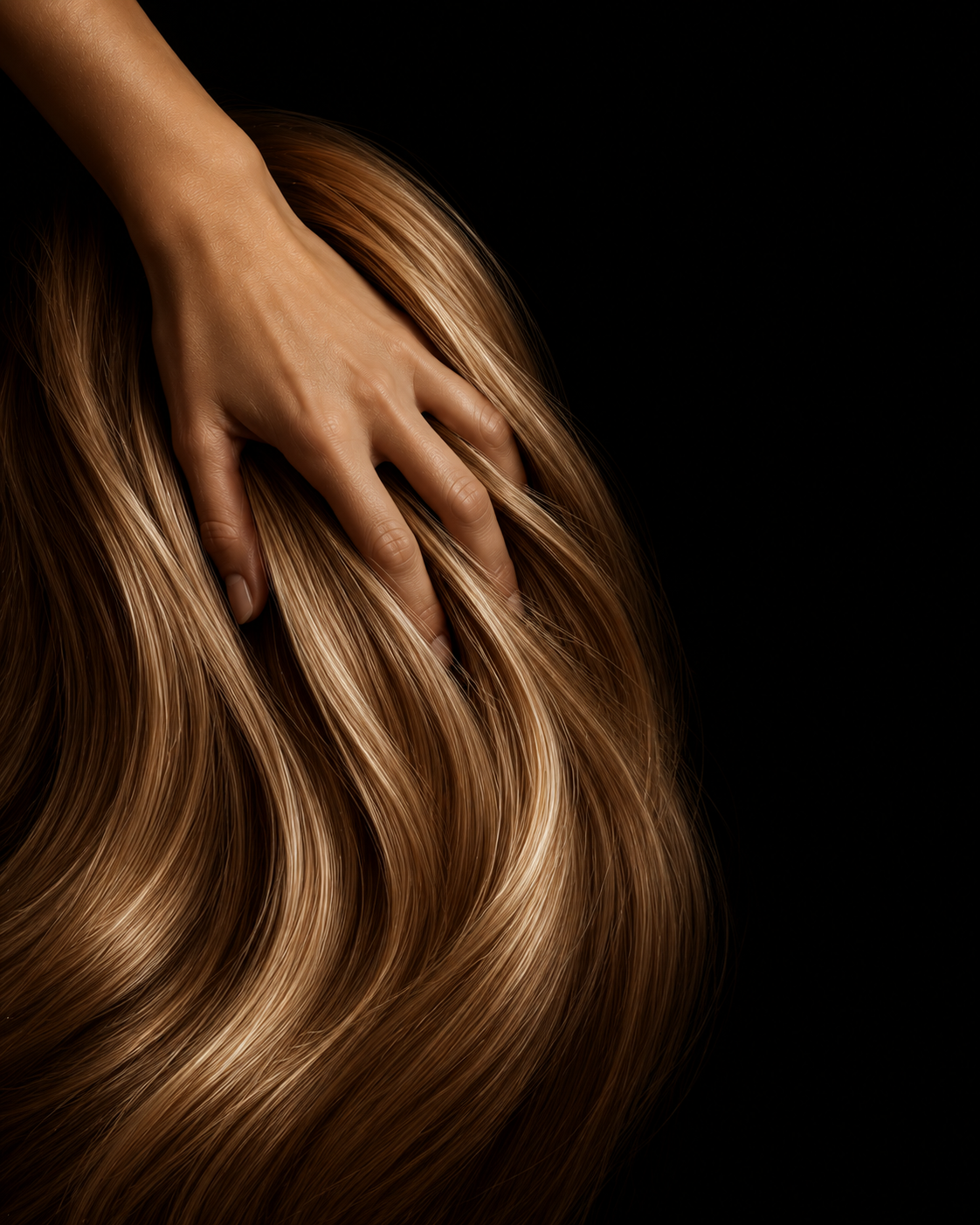 A hand running fingers through glossy golden brown healthy hair with a glass like shine on a black background